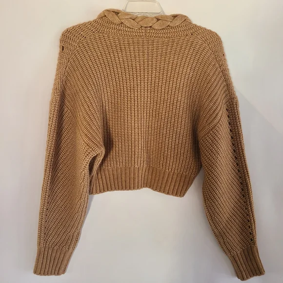 dh New York Braided V-Neck Cropped Sweater Tan Camel Ribbed Knit M/L - Picture 5 of 9